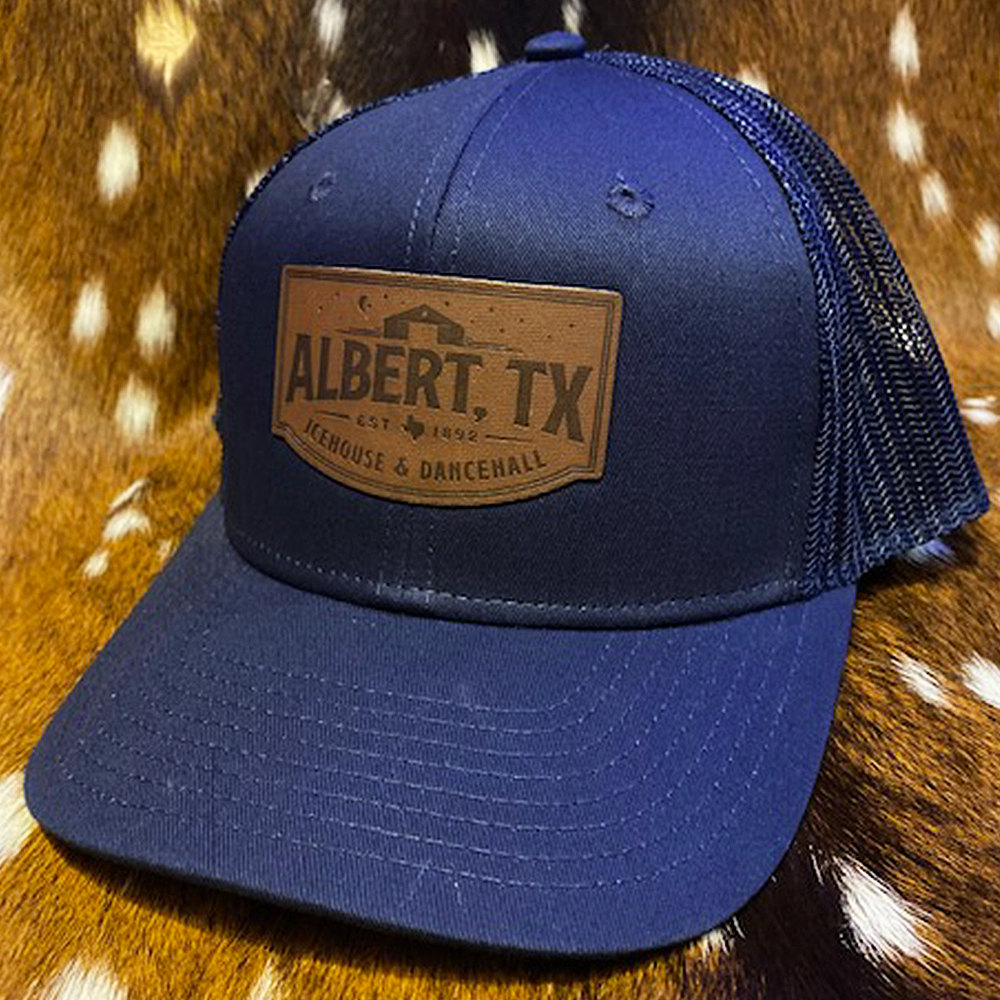 YUPOONG ALBERT LEATHER PATCH TRUCKER HAT - BLUE